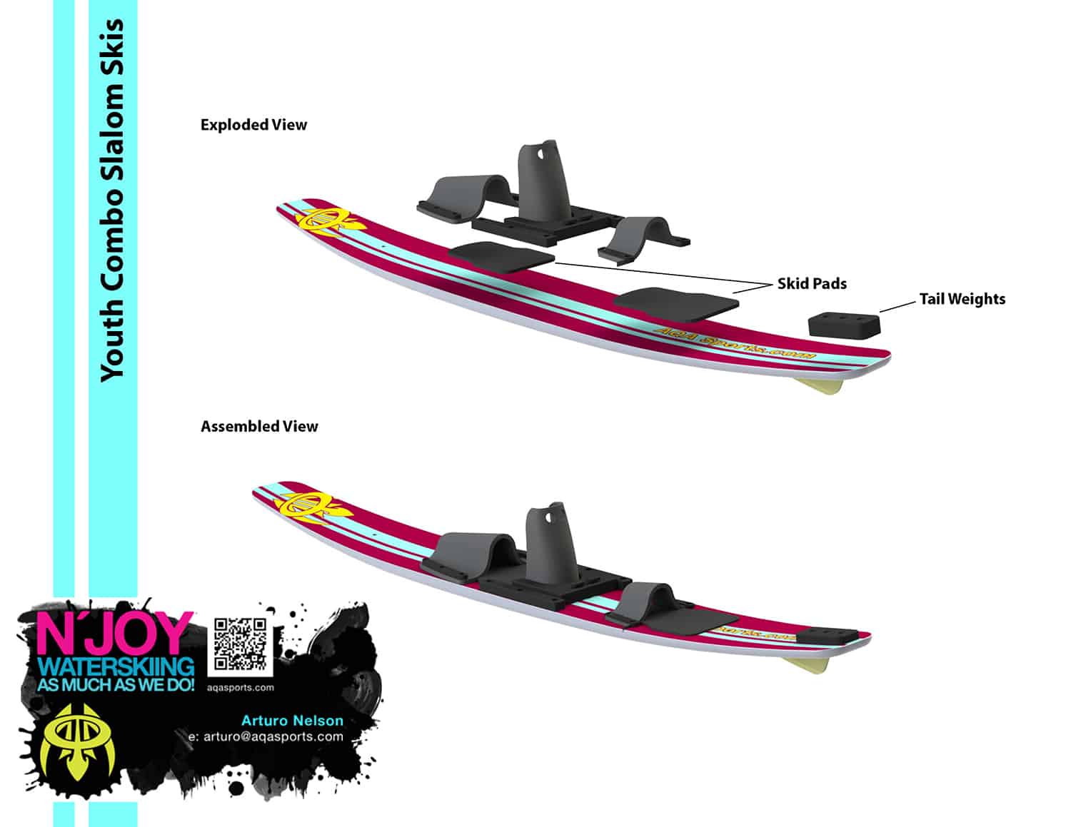 CAD rendering of youth slalom skis. Exploded view and side view of skis for assembly.