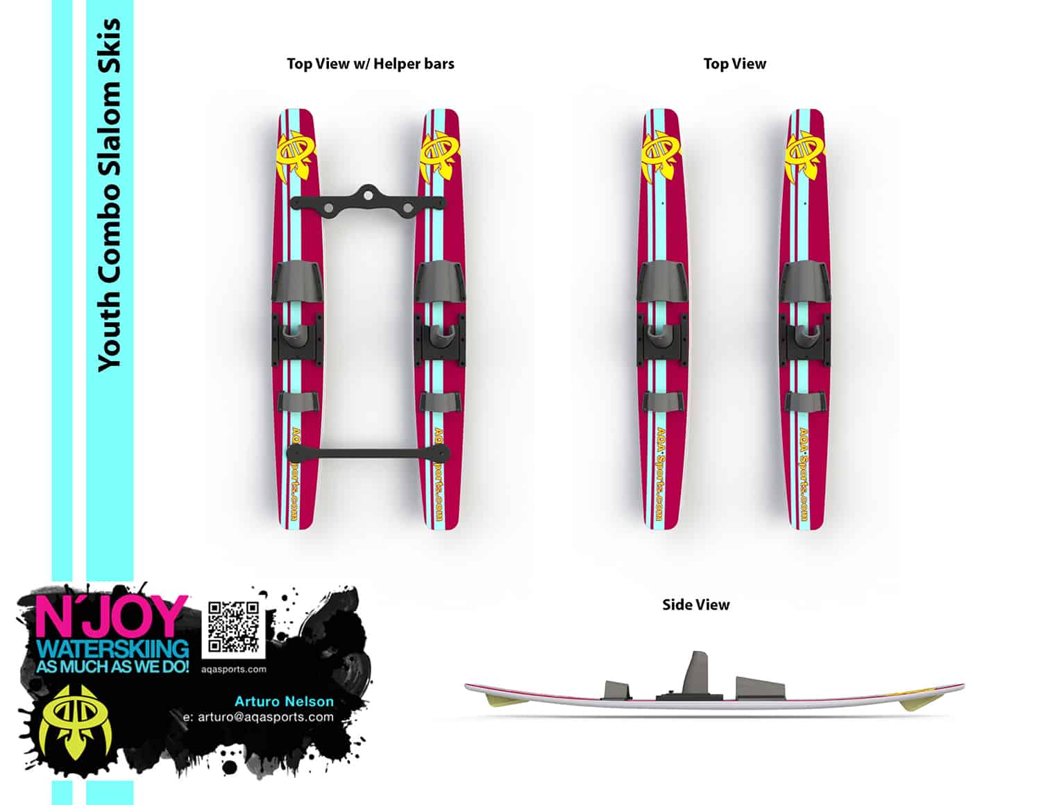 CAD rendering of youth slalom skis. Top view and side view of skis.