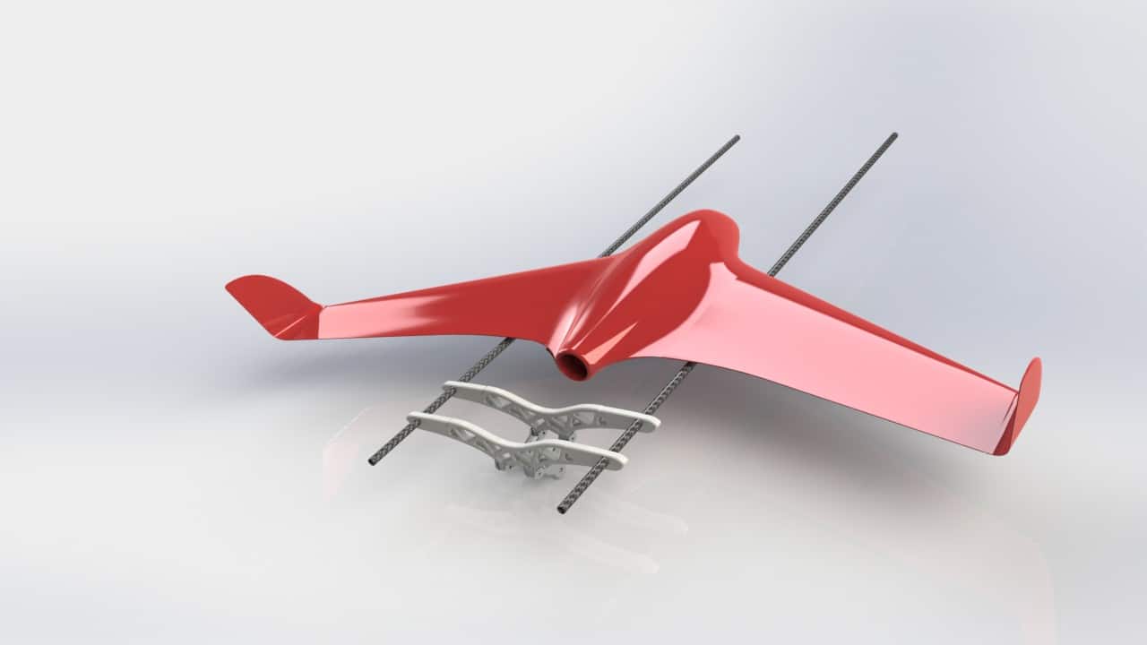 CAD rendering of red autonomous fixed wing drone.