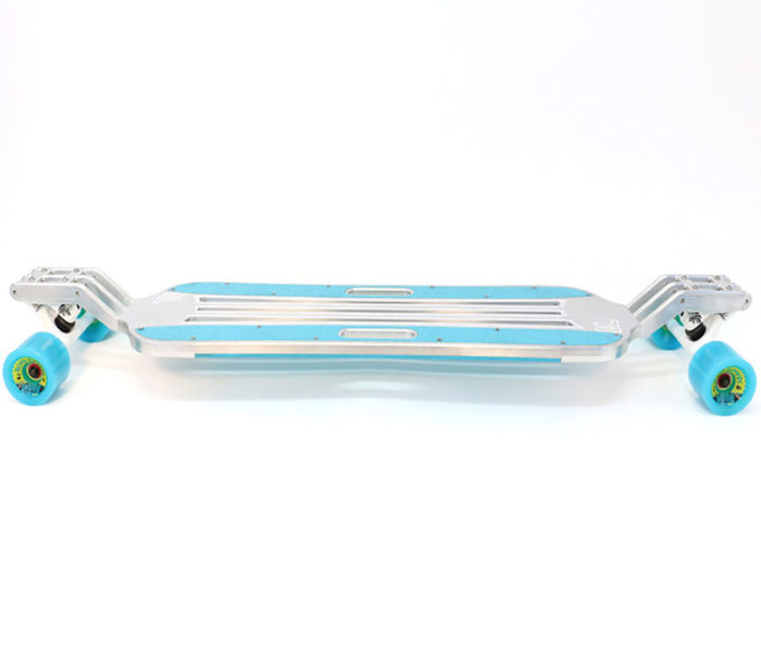 aluminum longboard with blue trimming and blue wheels.