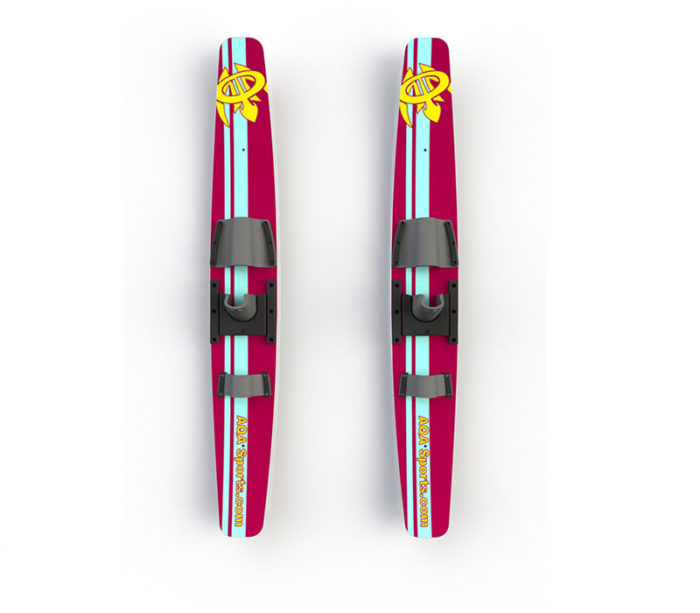 overhead view of youth slalom skis. They are fuscia with a blue stripe and wording and yellow small picture in the corner.