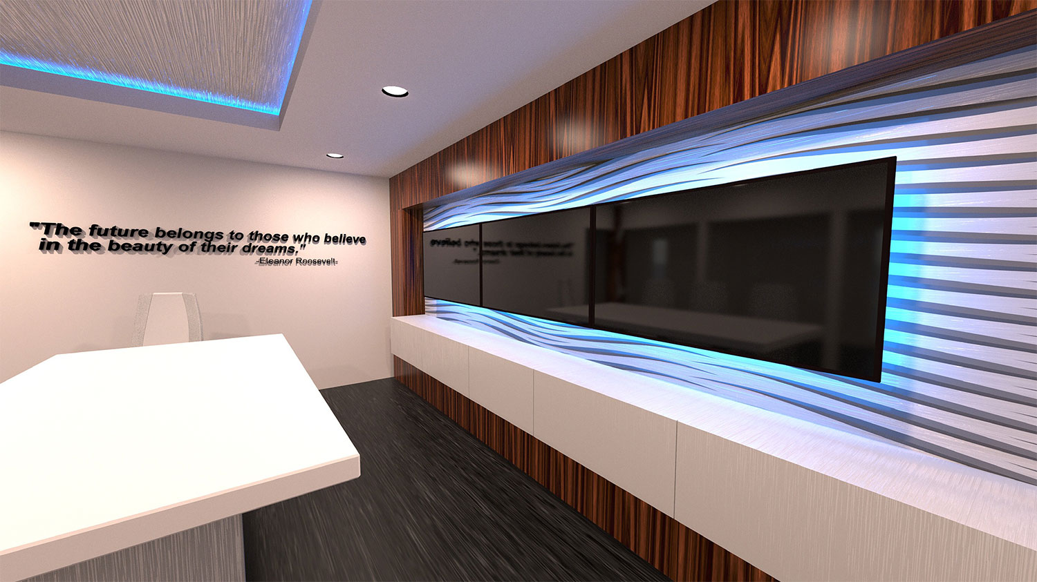 D rendering of conference room in office building. The room has a large table 3 TV's hung up on the wall and an Eleanor Roosevelt quote hanging on the wall.