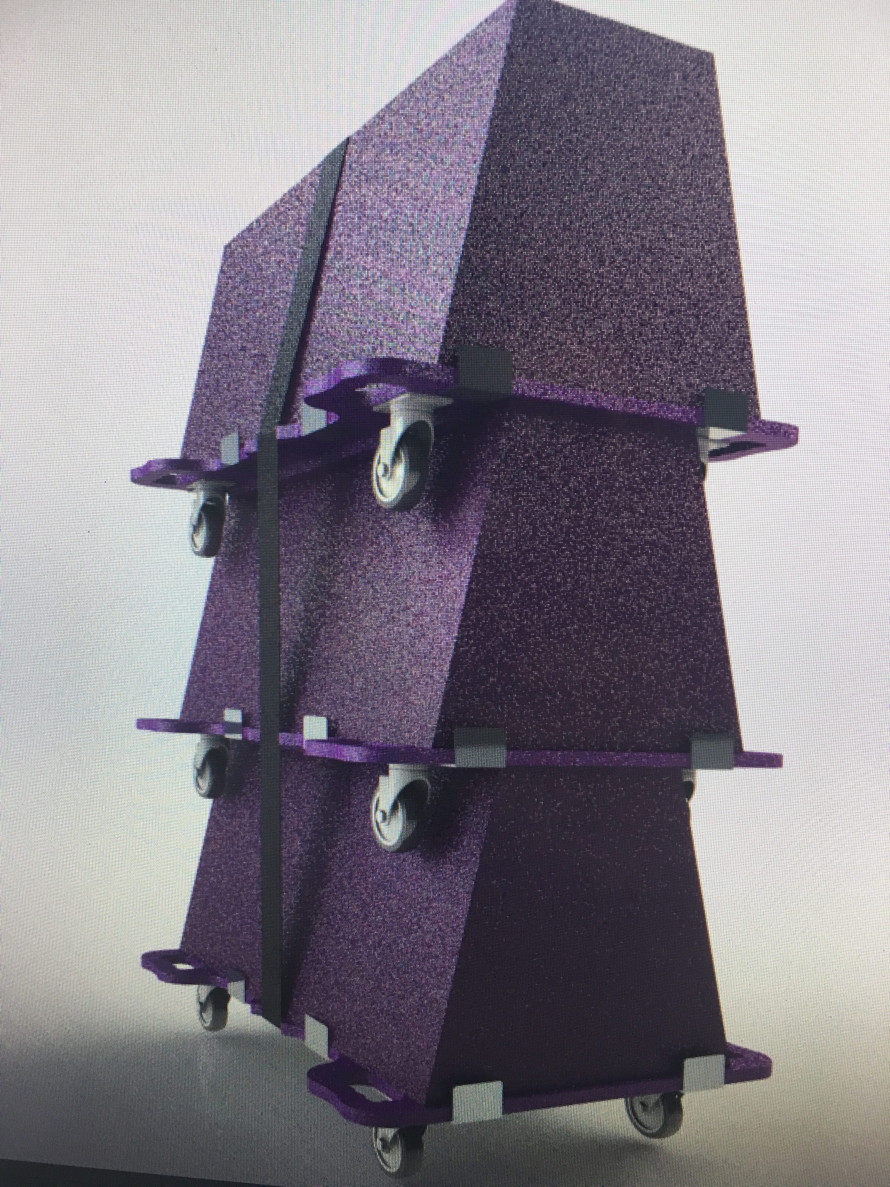 3D rendering of sounds systems being stacked on top of one another with wheelie boards.