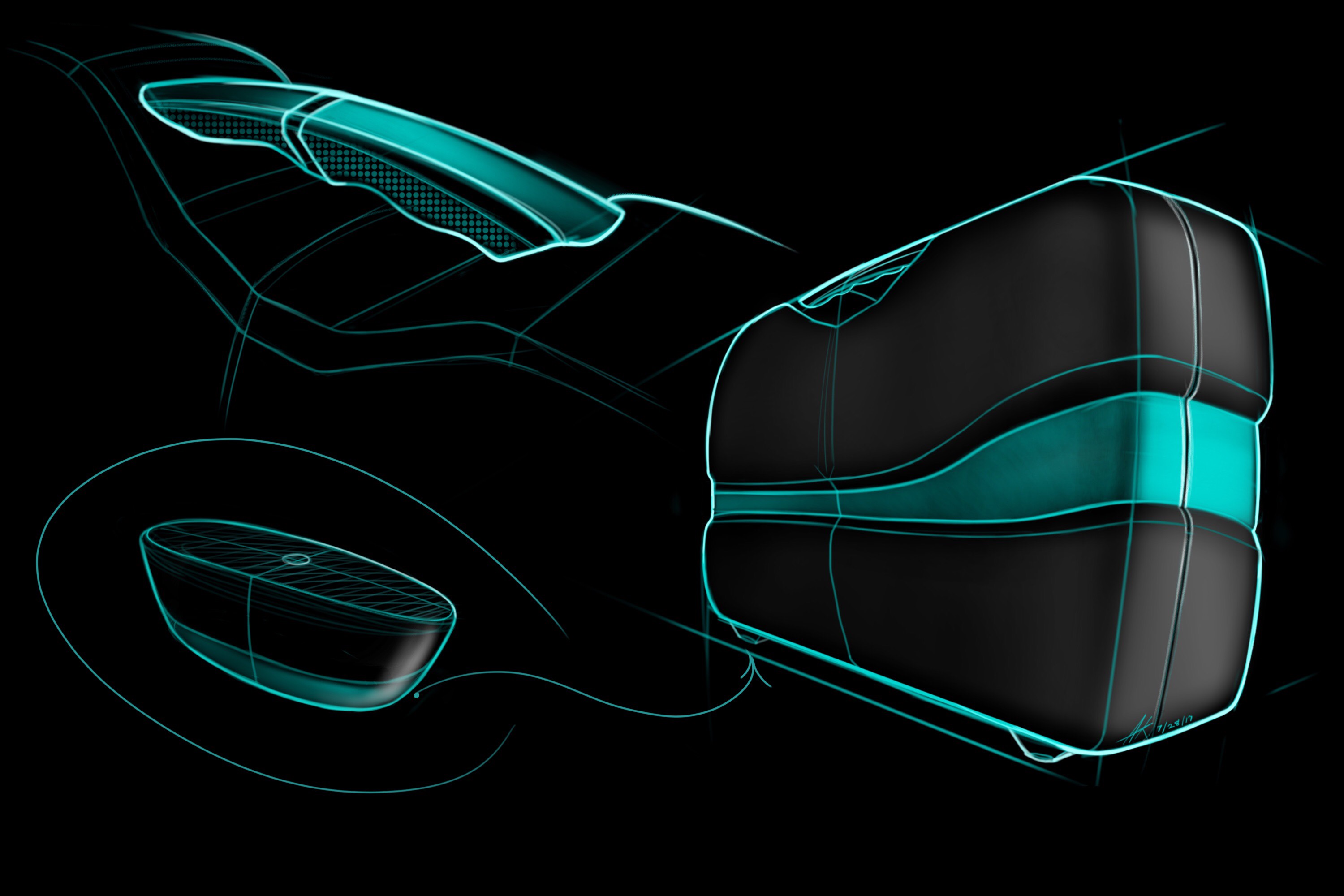 black and teal concept sketch of suitcase.