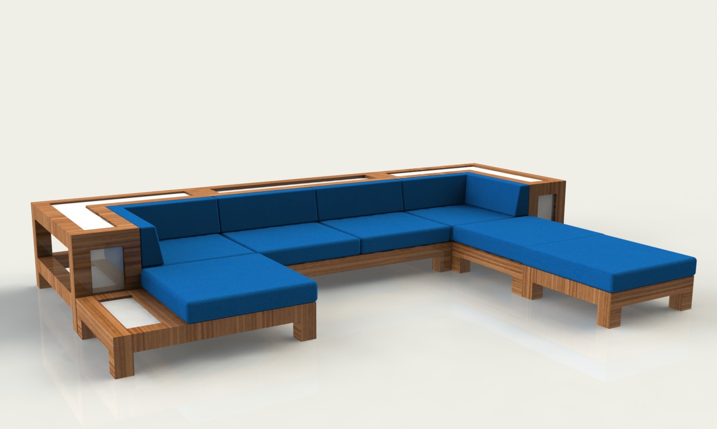 CAD rendering of blue sofa with chaise.