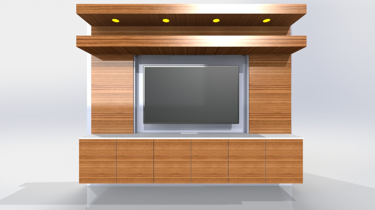 CAD rendering of entertainment center with wooden cabinet doors and shelves.