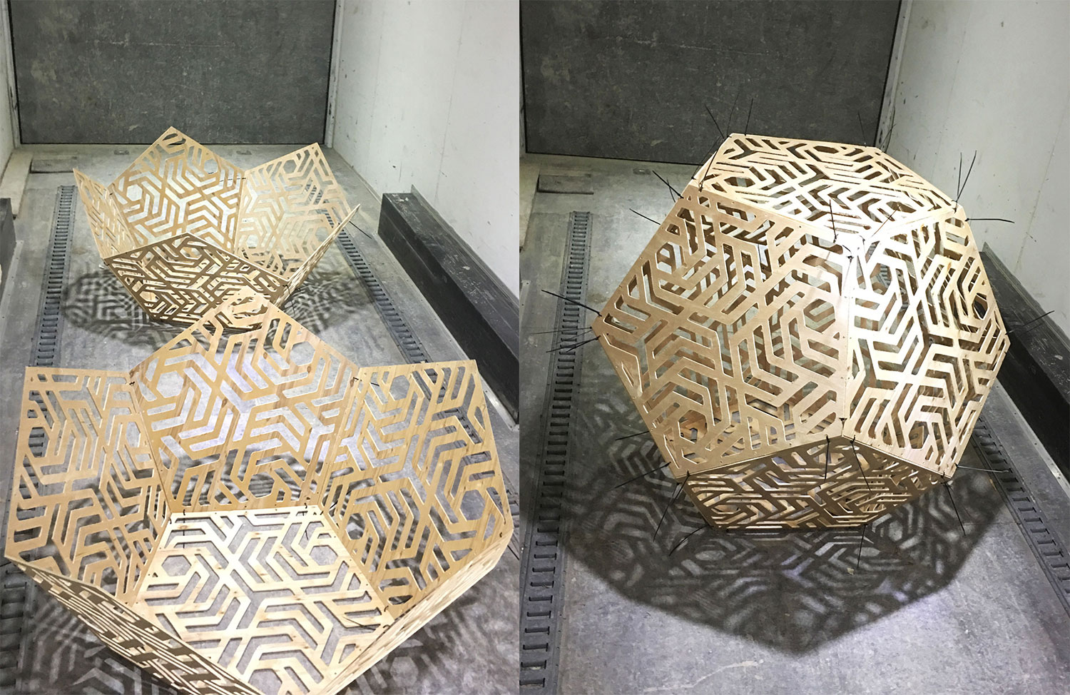 two halves of a decahedron laying next to each other and a completed decahedron .