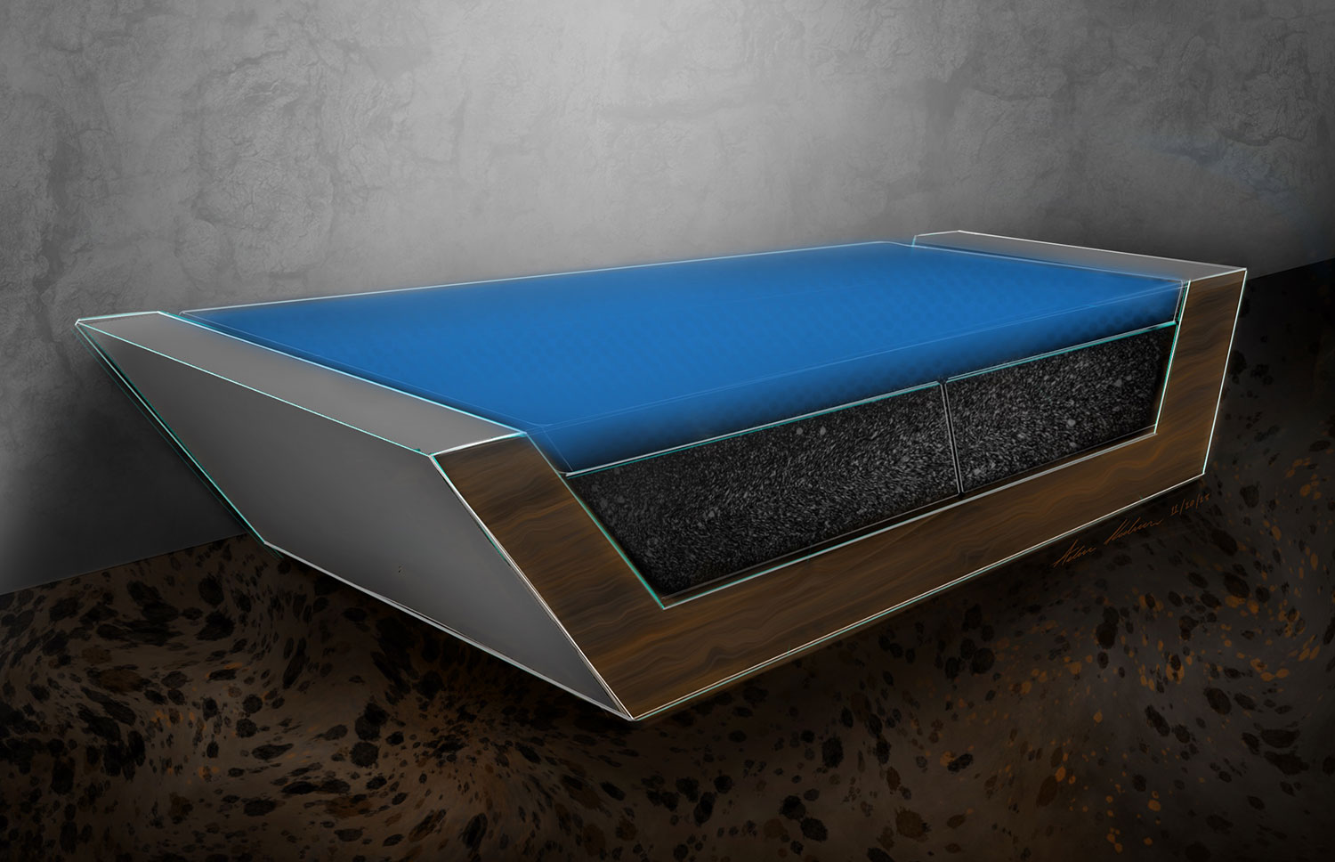 concept sketch of a bench with a blue top.