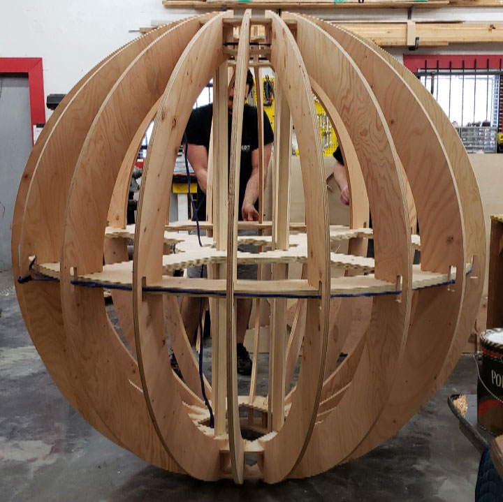 new years eve ball made out of wood panels fitting into each other.