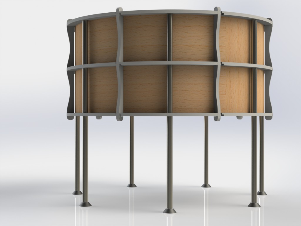 CAD rendering of 360 easel made of metal and wood.