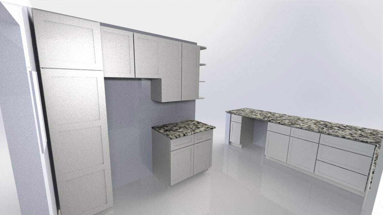 CAD rendering of kitchen with marble top
