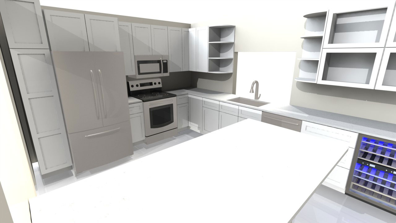 computer rendering of a full kitchen design with lit up wine fridge.