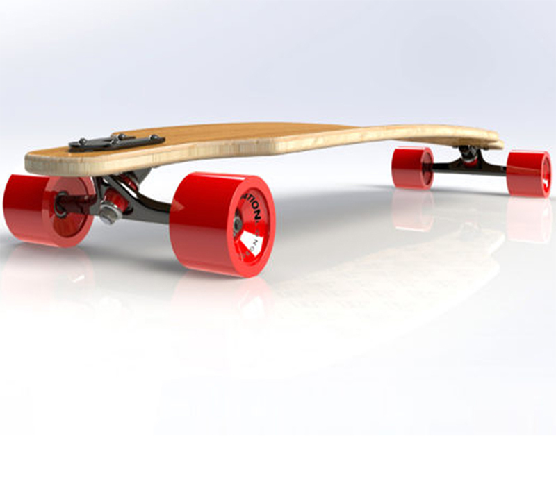 3D rendering of wooden longboard with red wheels.