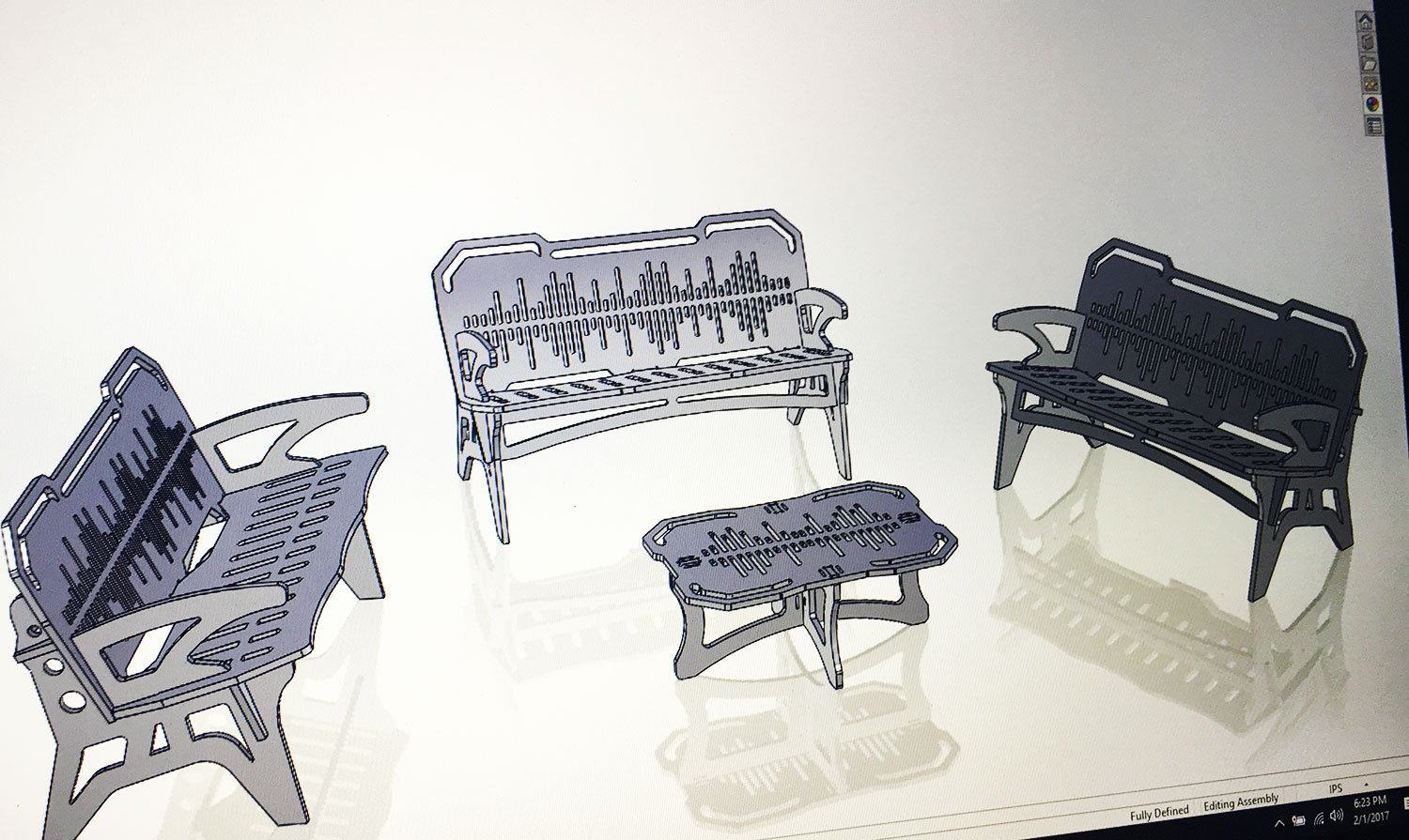 3D CAD rendering of playatech furniture. Benches and table.