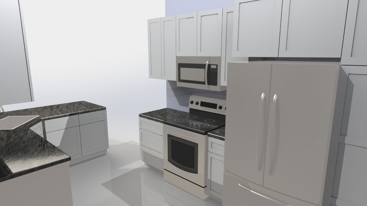 CAD rendering of custom kitchen with dark grey marble top