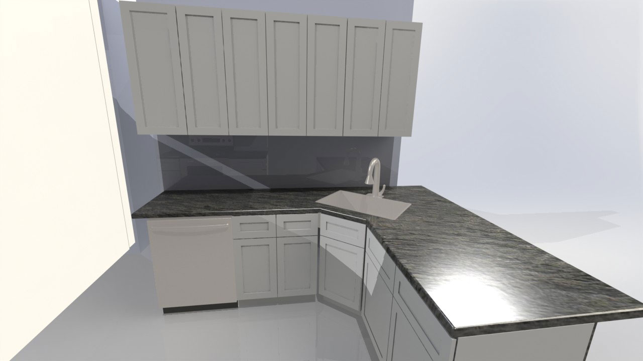 CAD rendering of custom kitchen with dark grey marble top