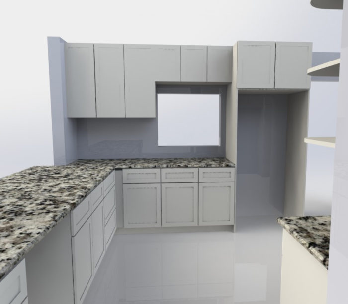 CAD rendering of custom kitchen with marble top