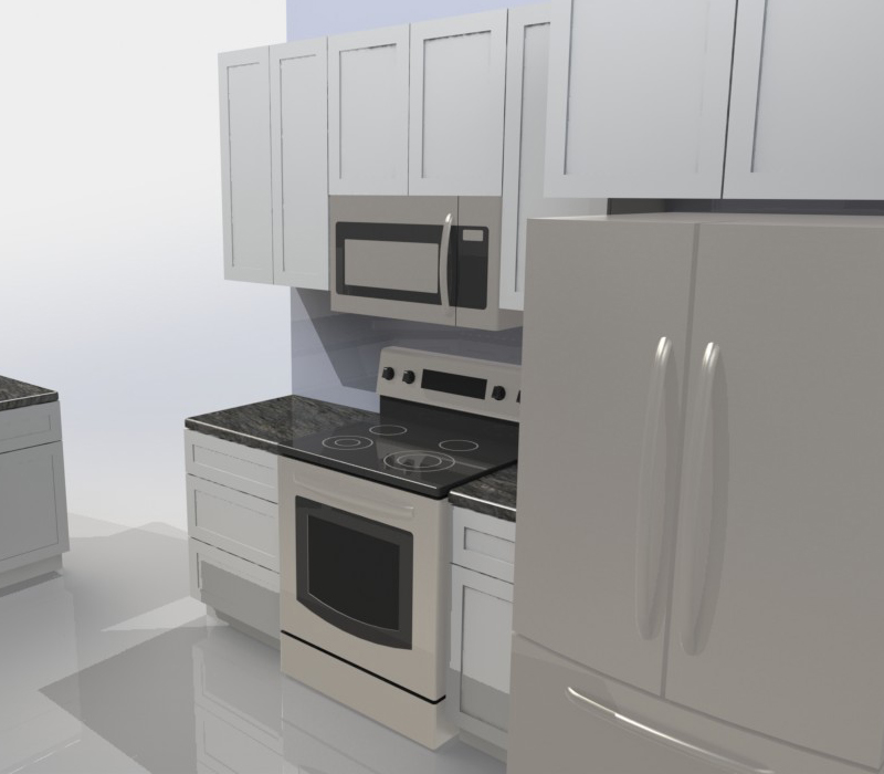 CAD rendering of custom kitchen with dark grey marble top