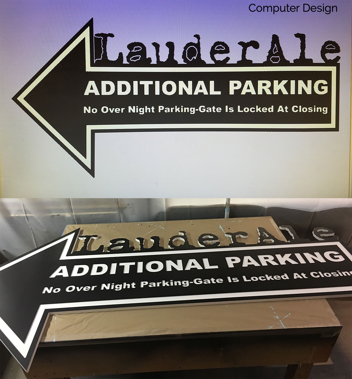 CAD design of a black and white parking sign and the finished product.