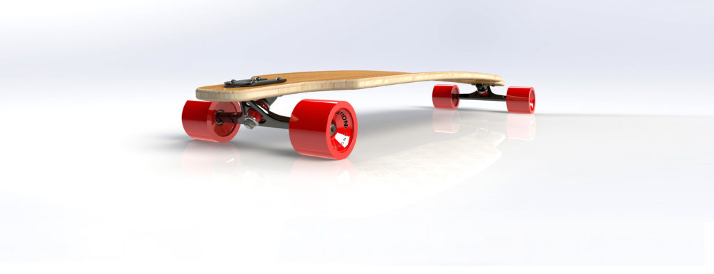 3D CAD rendering of wooden longboard with red wheels.