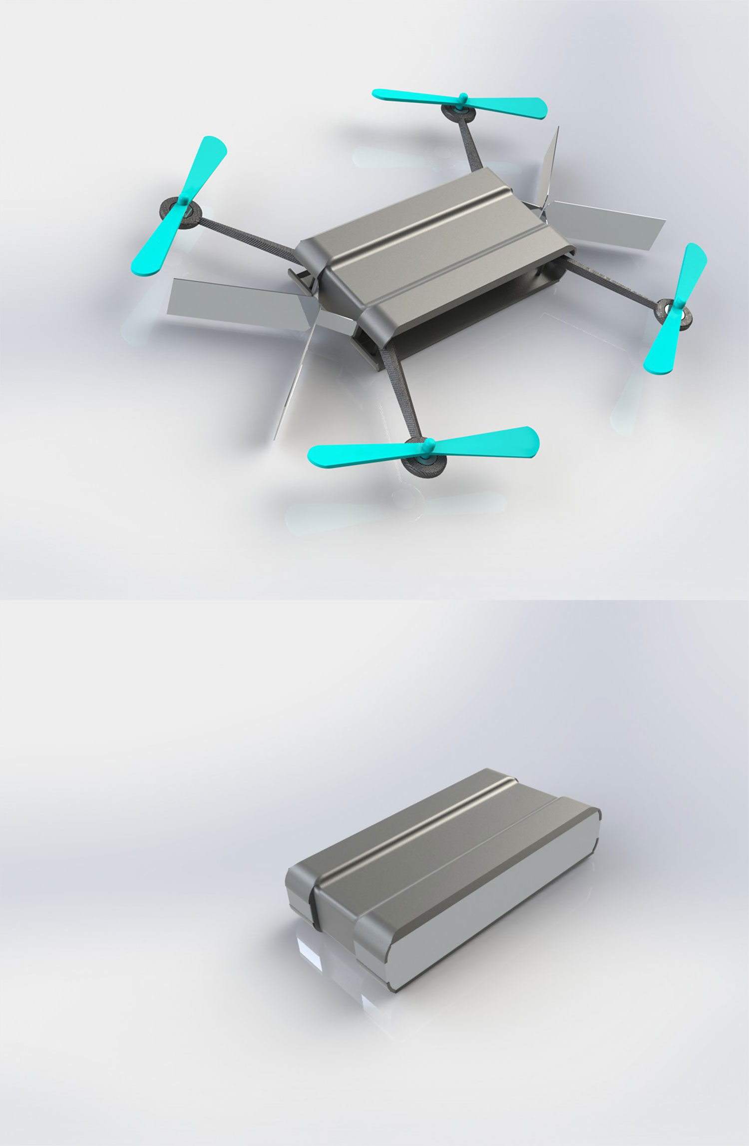 3D design of grey pocket size drone with turquoise wings. .