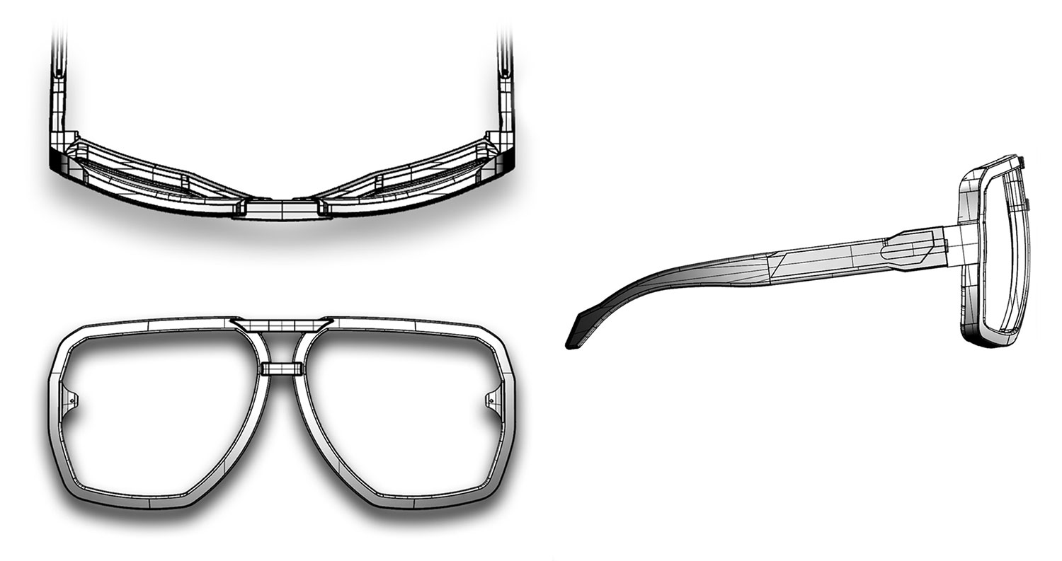 front, side and overhead 3d design view of sunglasses