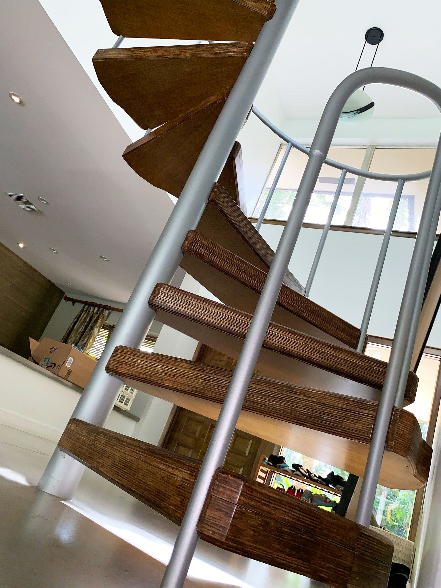 wood and metal spiral stairs.