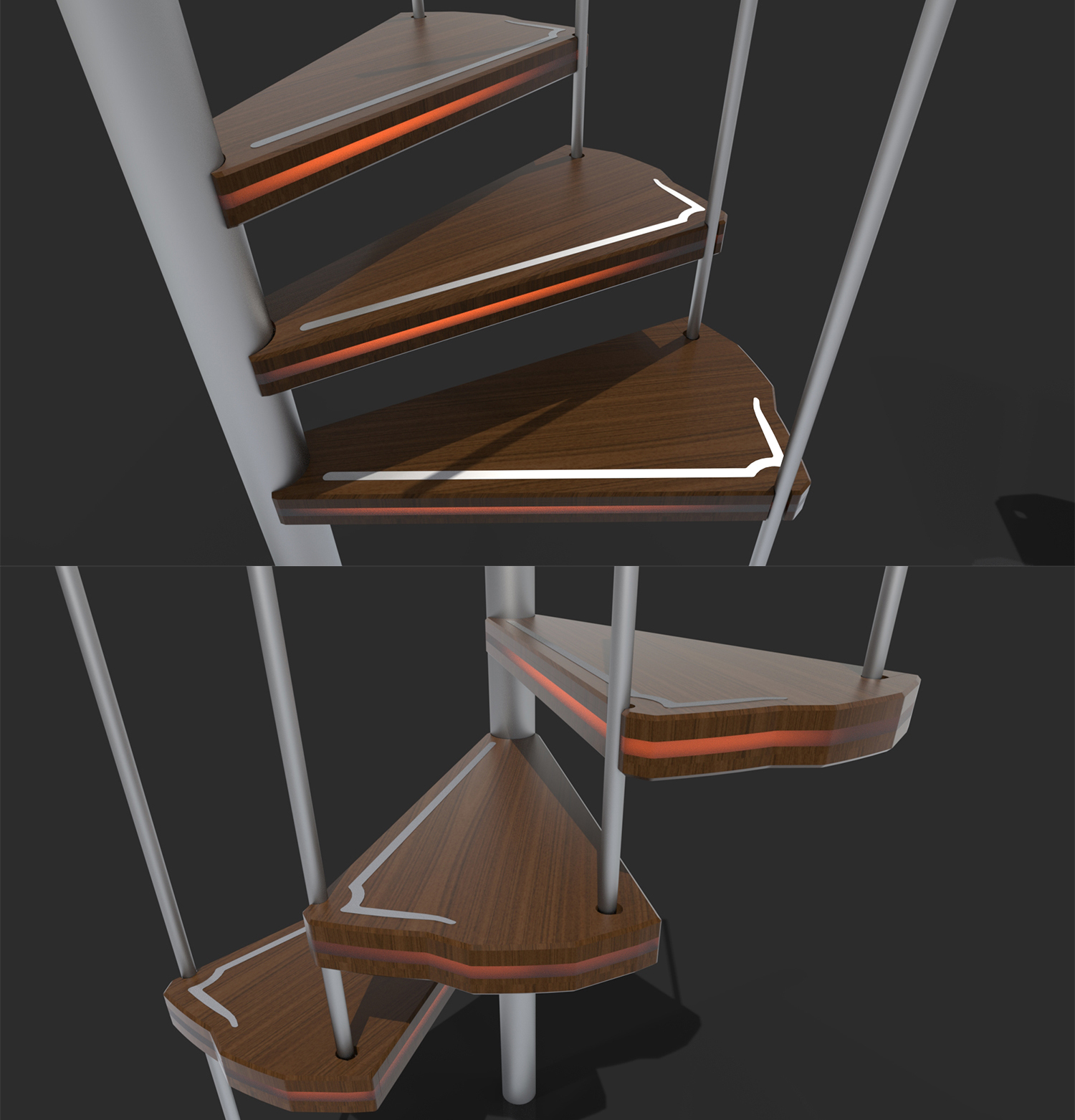 3d model of wood and metal winding stairs